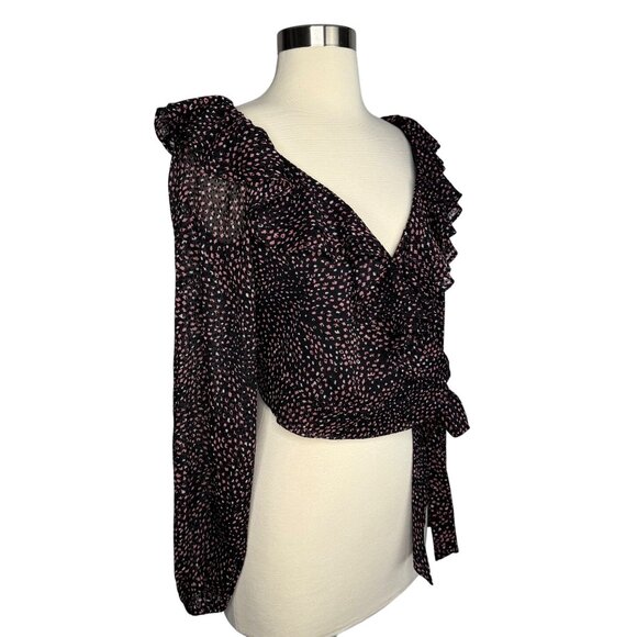 Express Cropped Black Long Sleeve Wrap-Style Blouse‎ with Ruffle V-Neck Size XS - Picture 6 of 10